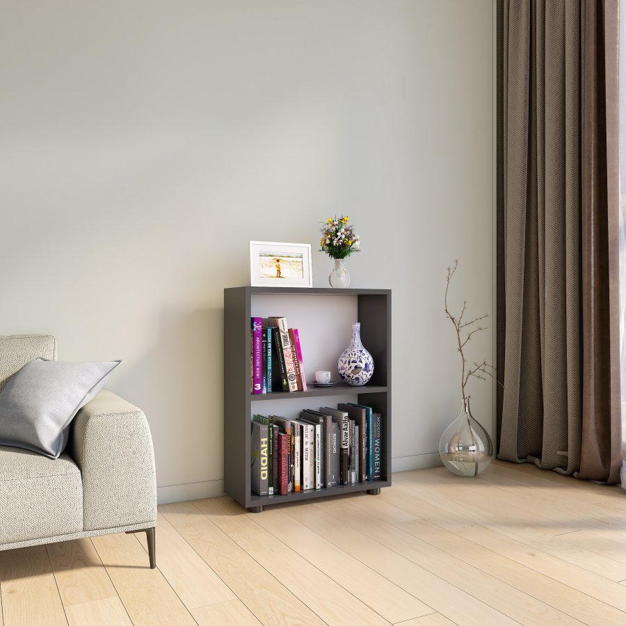 VCM NORDIC Bulas Bücherregal mit 2 Fächern, mit 1 Regalboden – Holz in Weiß und Anthrazitgrau (H: 72 cm x 55 cm x 20 cm)