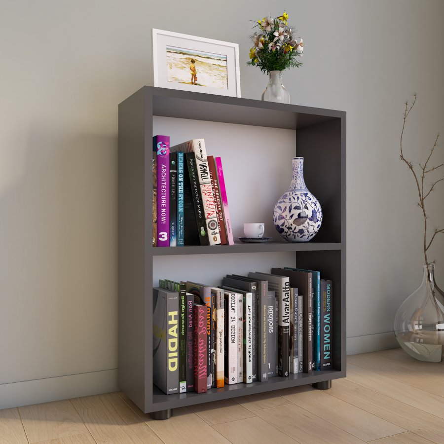 VCM NORDIC Bulas Bücherregal mit 2 Fächern, mit 1 Regalboden – Holz in Weiß und Anthrazitgrau (H: 72 cm x 55 cm x 20 cm)