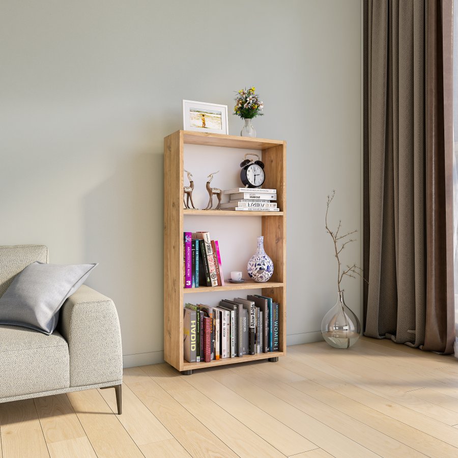 VCM NORDIC Bulas 3-Fächer-Bücherregal mit 2 Regalböden – Weiß und Naturholz (H: 108 cm x 56 cm x 20 cm)