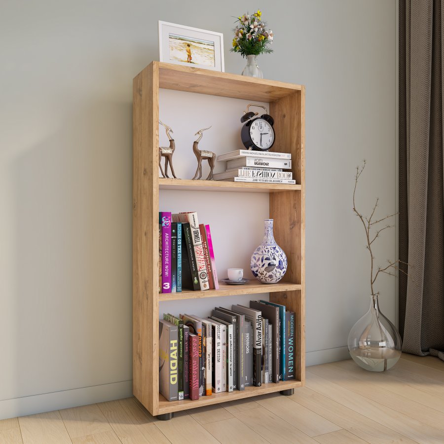 VCM NORDIC Bulas 3-Fächer-Bücherregal mit 2 Regalböden – Weiß und Naturholz (H: 108 cm x 56 cm x 20 cm)