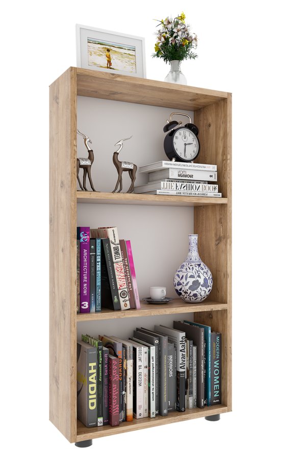 VCM NORDIC Bulas 3-Fächer-Bücherregal mit 2 Regalböden – Weiß und Naturholz (H: 108 cm x 56 cm x 20 cm)