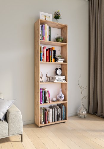 VCM NORDIC Bulas Bücherregal mit 5 Fächern, mit 4 Regalböden – Weiß und Naturholz (H: 169 cm x 56 cm x 20 cm)
