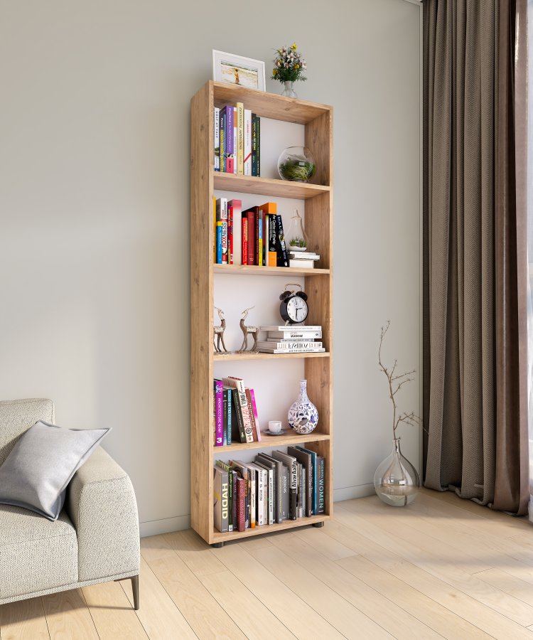 VCM NORDIC Bulas Bücherregal mit 5 Fächern, mit 4 Regalböden – Weiß und Naturholz (H: 169 cm x 56 cm x 20 cm)