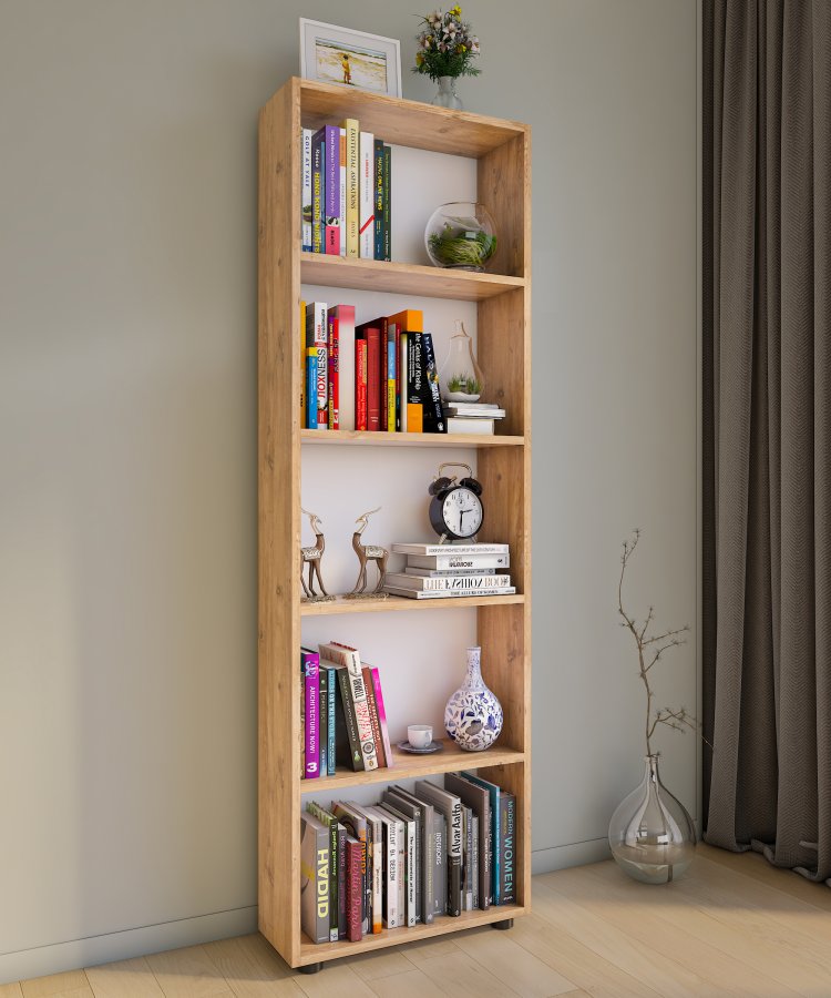 VCM NORDIC Bulas Bücherregal mit 5 Fächern, mit 4 Regalböden – Weiß und Naturholz (H: 169 cm x 56 cm x 20 cm)