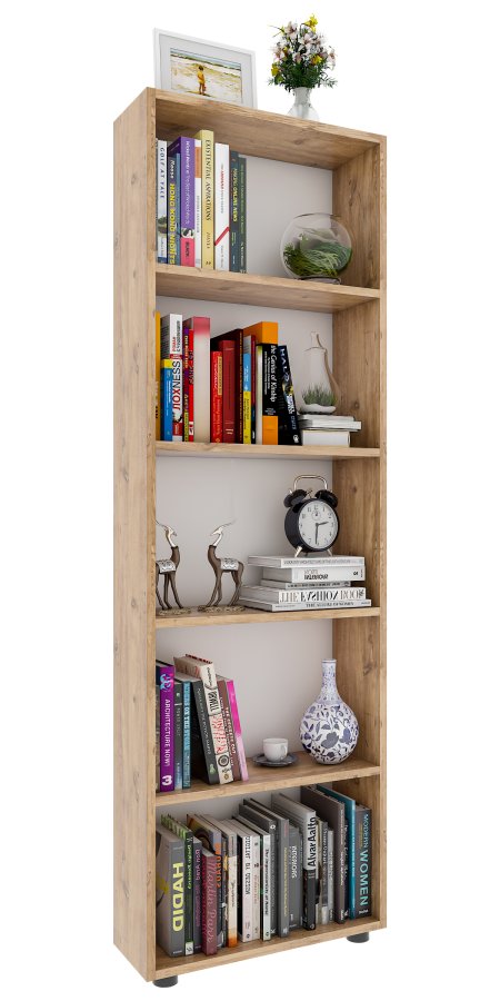 VCM NORDIC Bulas Bücherregal mit 5 Fächern, mit 4 Regalböden – Weiß und Naturholz (H: 169 cm x 56 cm x 20 cm)