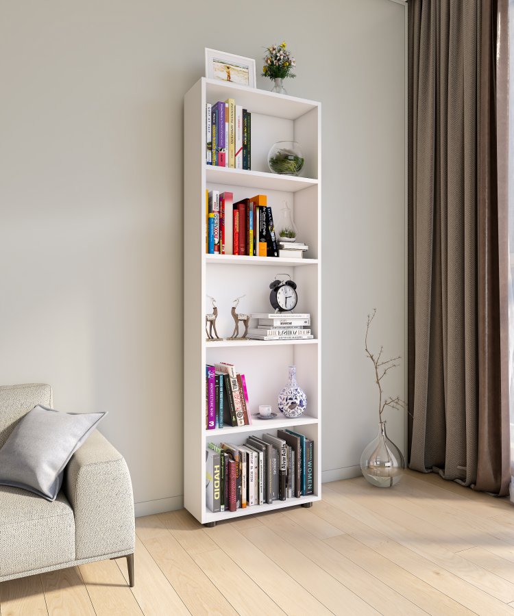 VCM NORDIC Bulas Bcherregal mit 5 Fchern, mit 4 Regalbden  weies Holz (H: 169 cm x 56 cm x 20 cm)