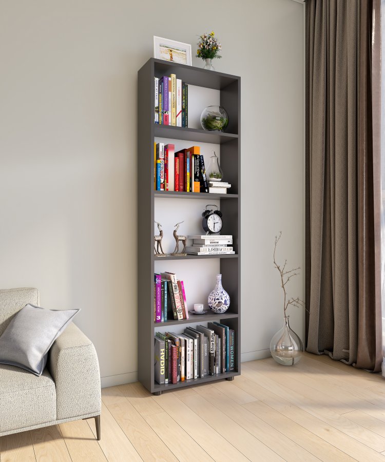 VCM NORDIC Bulas Bücherregal mit 5 Fächern, mit 4 Regalböden – Holz in Weiß und Anthrazitgrau (H: 169 cm x 56 cm x 20 cm)