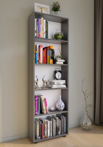 VCM NORDIC Bulas Bücherregal mit 5 Fächern, mit 4 Regalböden – Holz in Weiß und Anthrazitgrau (H: 169 cm x 56 cm x 20 cm)