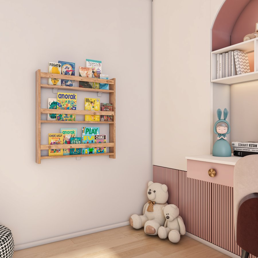 VCM NORDIC Kidos Wandregal für Kinder, mit 3 offenen Fächern – Naturholz