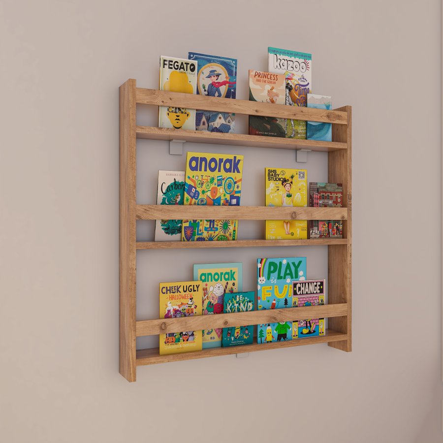 VCM NORDIC Kidos Wandregal für Kinder, mit 3 offenen Fächern – Naturholz