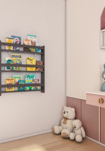 VCM NORDIC Kidos Wandregal für Kinder, mit 3 offenen Fächern – anthrazitgraues Holz