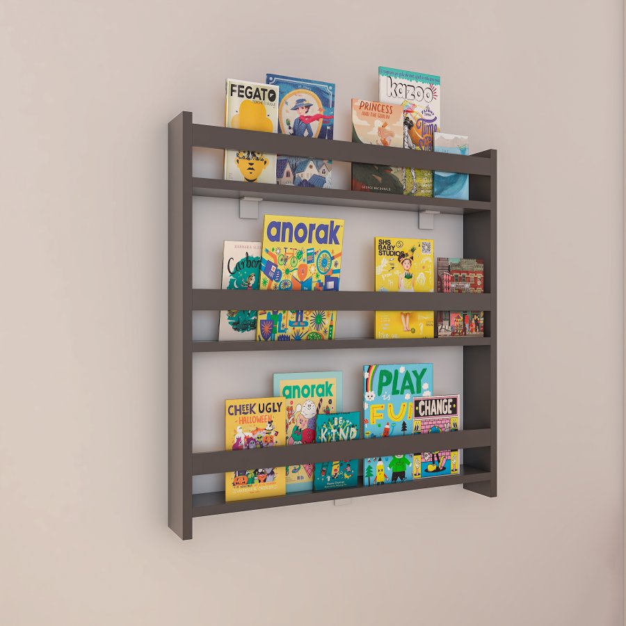 VCM NORDIC Kidos Wandregal für Kinder, mit 3 offenen Fächern – anthrazitgraues Holz