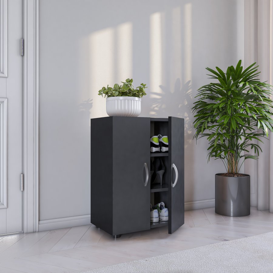 VCM NORDIC Ulas 3-Fach Schuhschrank, m. 2 Türen, 2 Einlegeböden - Holz anthrazitgrau