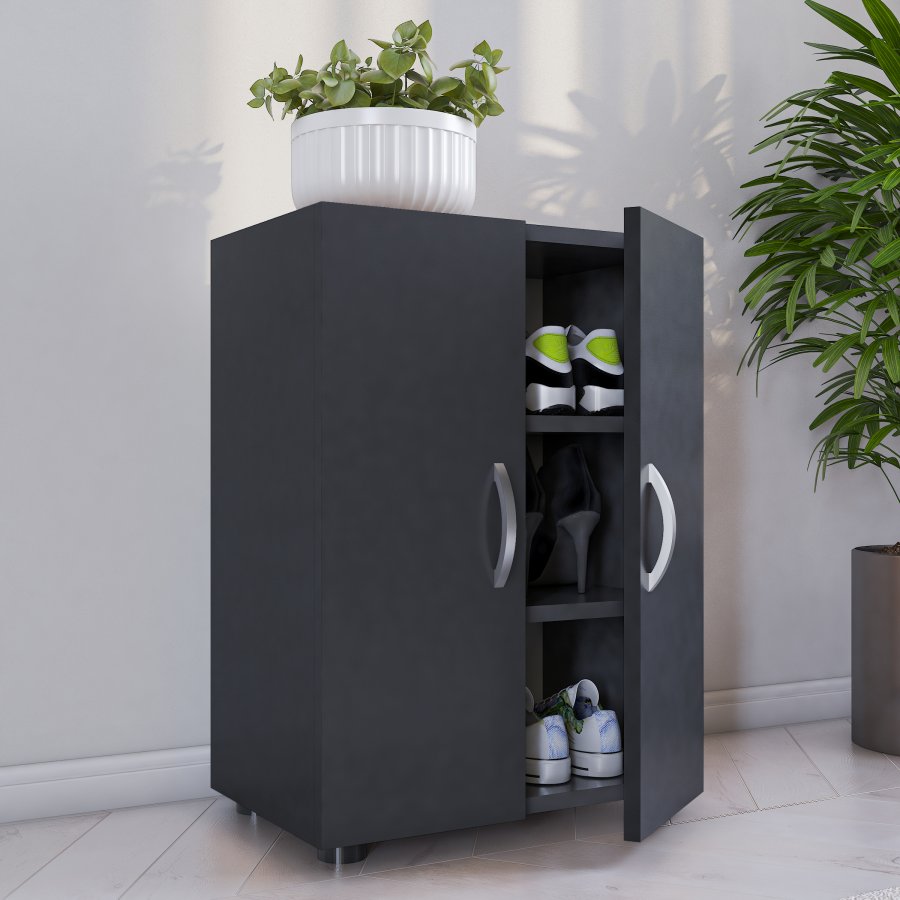 VCM NORDIC Ulas 3-Fach Schuhschrank, m. 2 Türen, 2 Einlegeböden - Holz anthrazitgrau