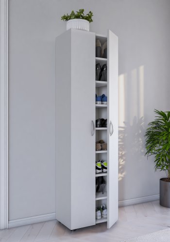 VCM NORDIC Ulas Schuhschrank mit 8 Fächern, m. 2 Türen, 7 Einlegeböden - Holz weiß