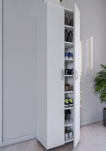 VCM NORDIC Ulas Schuhschrank mit 8 Fächern, m. 2 Türen, 7 Einlegeböden - Holz weiß