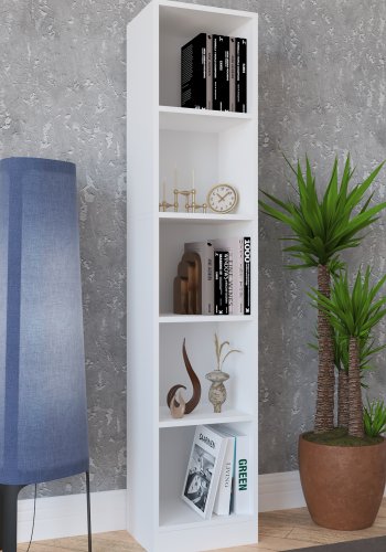 VCM NORDIC Dilos L Bücherregal, mit 4 Regalböden – weißes Holz (H: 183 cm x 38 cm x 30 cm)