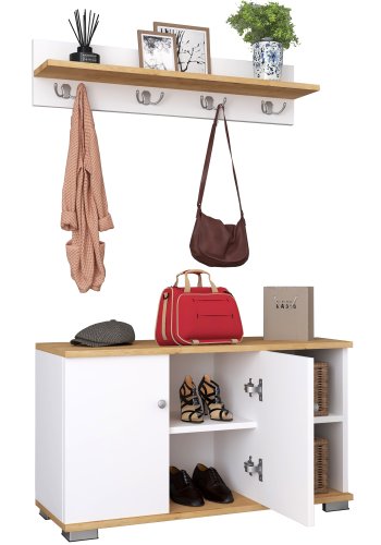 VCM NORDIC Gados L Garderobenständer und Schrank, mit 2 Türen und 2 Einlegeböden - Weiß und Naturholz