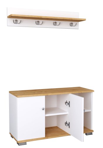 VCM NORDIC Gados L Garderobenständer und Schrank, mit 2 Türen und 2 Einlegeböden - Weiß und Naturholz