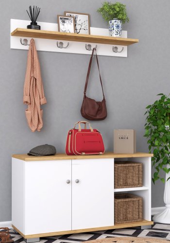 VCM NORDIC Gados L Garderobenständer und Schrank, mit 2 Türen und 2 Einlegeböden - Weiß und Naturholz