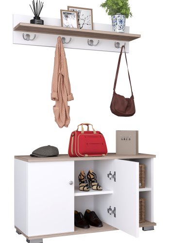 VCM NORDIC Gados L klesstativ og skap, m. 2 drer og 2 hyller - hvit og naturlig tre