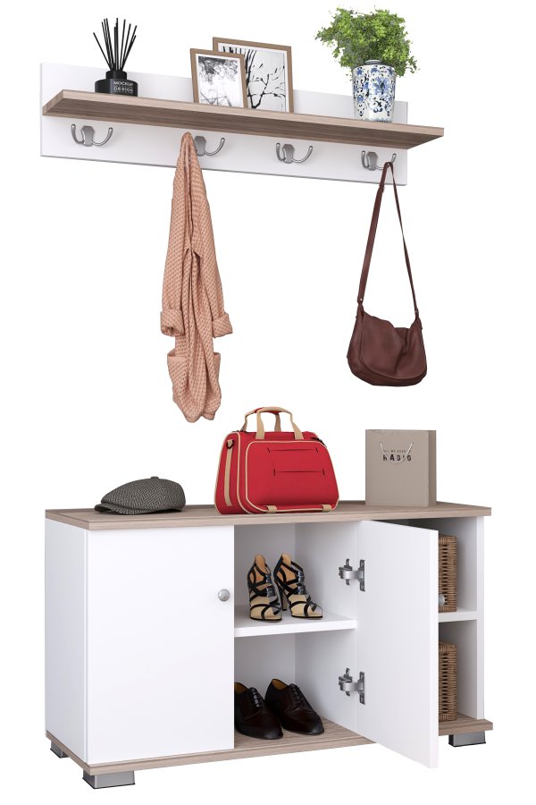 VCM NORDIC Gados L klesstativ og skap, m. 2 drer og 2 hyller - hvit og naturlig tre