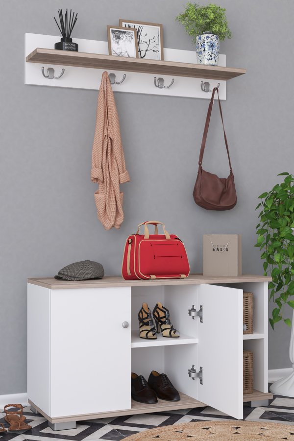 VCM NORDIC Gados L klesstativ og skap, m. 2 drer og 2 hyller - hvit og naturlig tre