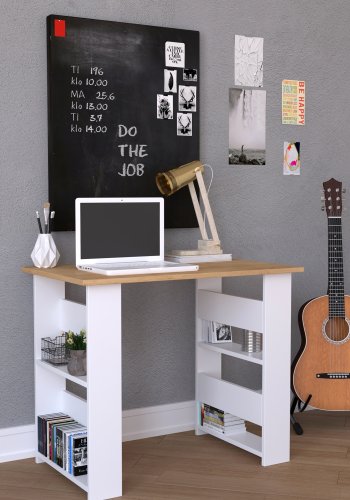 VCM NORDIC Efilo Schreibtisch, m. 4 Fächern - Weiß und Naturholz (90x56)