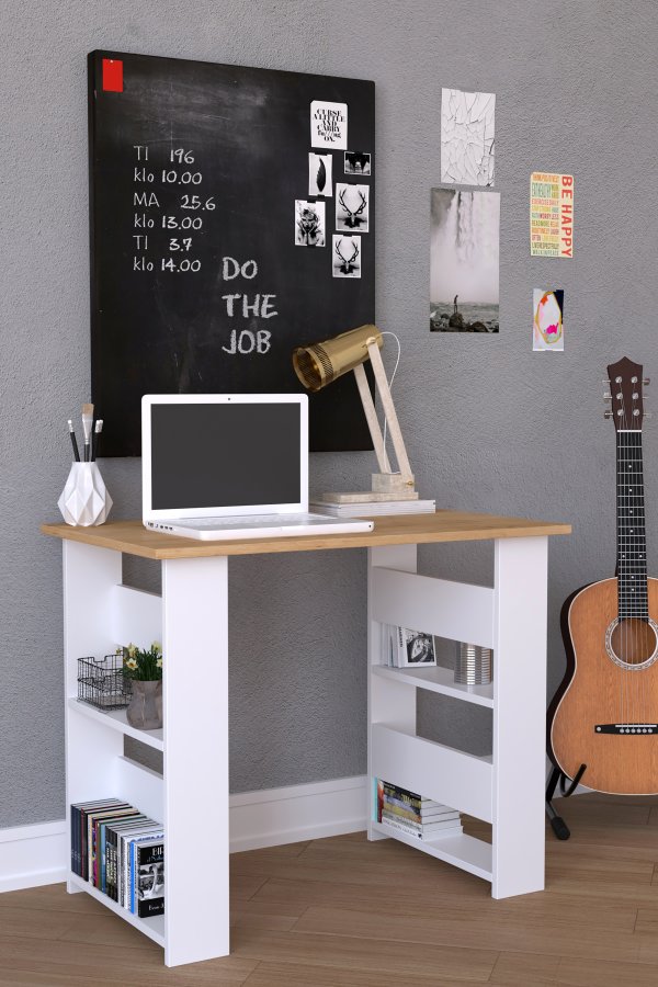 VCM NORDIC Efilo Schreibtisch, m. 4 Fächern - Weiß und Naturholz (90x56)