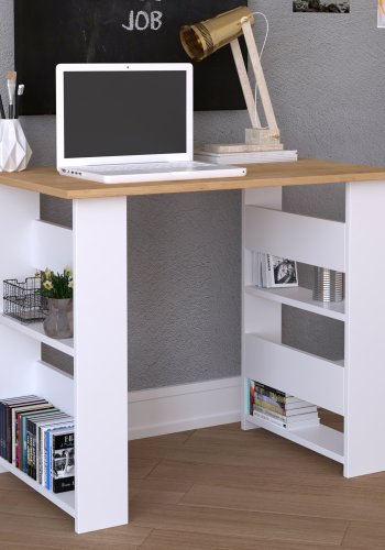 VCM NORDIC Efilo Schreibtisch, m. 4 Fächern - Weiß und Naturholz (90x56)