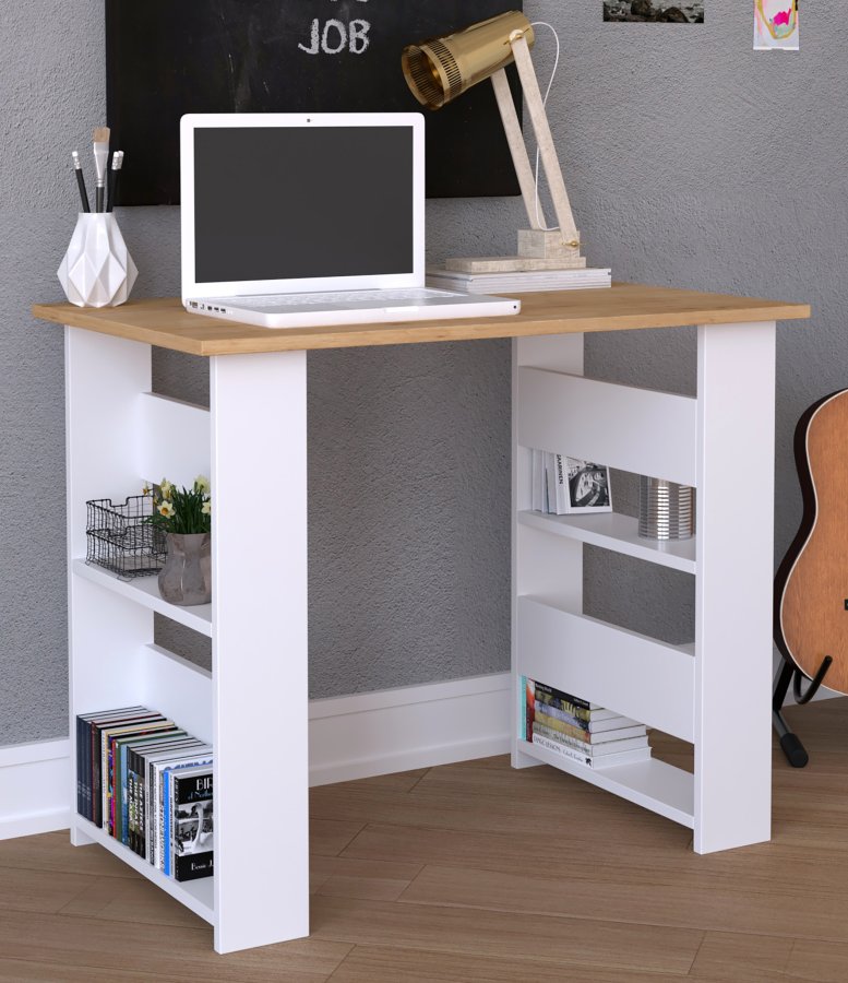 VCM NORDIC Efilo Schreibtisch, m. 4 Fächern - Weiß und Naturholz (90x56)