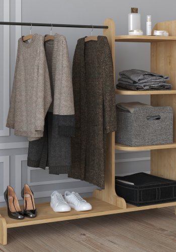 VCM NORDIC Lempu offener Kleiderschrank, mit 3 Einlegeböden und 1 Kleiderstange – Naturholz