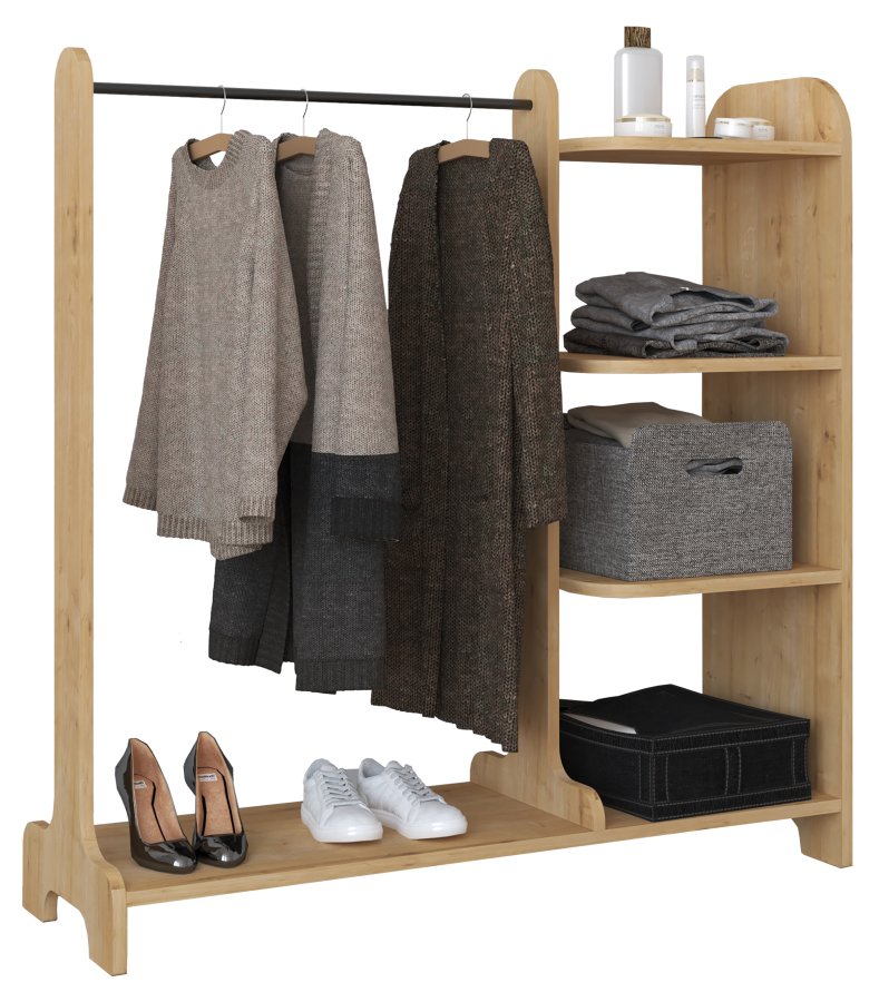 VCM NORDIC Lempu offener Kleiderschrank, mit 3 Einlegeböden und 1 Kleiderstange – Naturholz