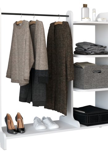 VCM NORDIC Lempu offener Kleiderschrank, mit 3 Einlegeböden und 1 Kleiderstange – weißes Holz