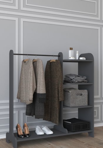 VCM NORDIC Lempu offener Kleiderschrank, mit 3 Einlegeböden und 1 Kleiderstange - anthrazitgraues Holz