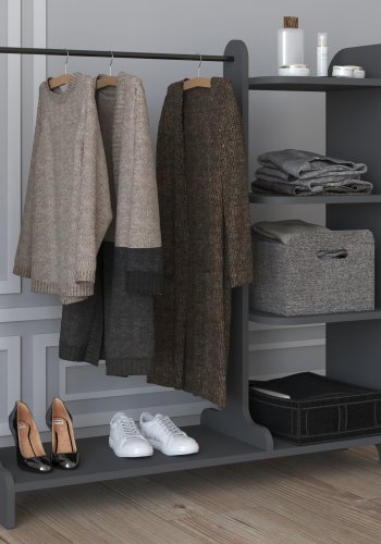 VCM NORDIC Lempu offener Kleiderschrank, mit 3 Einlegeböden und 1 Kleiderstange - anthrazitgraues Holz