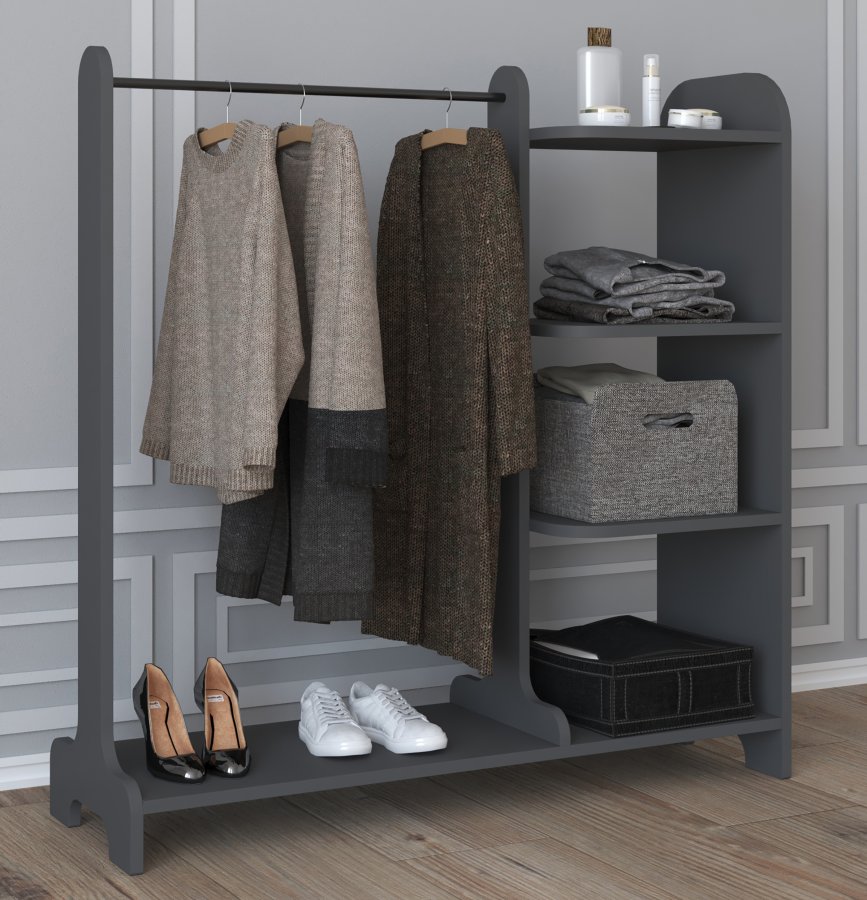 VCM NORDIC Lempu offener Kleiderschrank, mit 3 Einlegeböden und 1 Kleiderstange - anthrazitgraues Holz