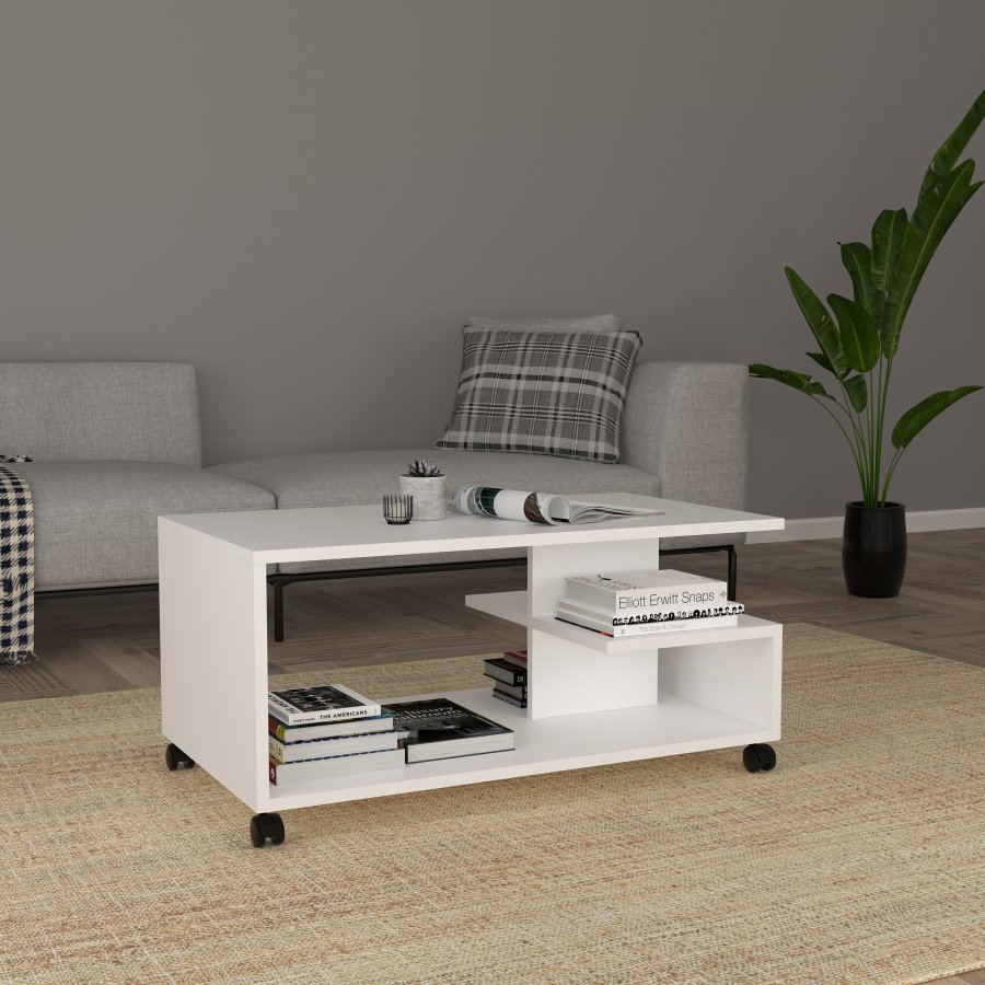 VCM NORDIC Olu salongbord, m. 1 hylle og hjul - hvitt tre (90x50)