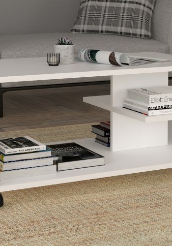 VCM NORDIC Olu salongbord, m. 1 hylle og hjul - hvitt tre (90x50)