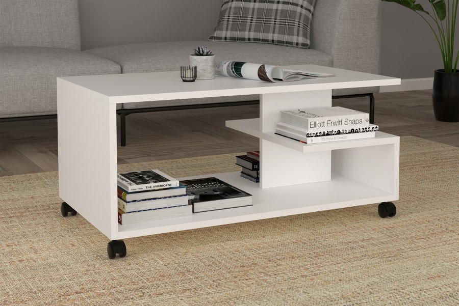 VCM NORDIC Olu salongbord, m. 1 hylle og hjul - hvitt tre (90x50)