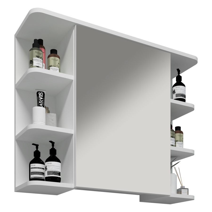 VCM NORDIC Nilosi Badezimmer-Spiegelschrank, m. 1 Tür und 7 Einlegeböden – Spiegelglas und weißes Holz