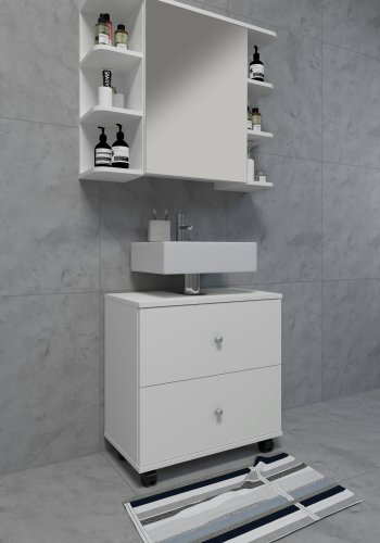 VCM NORDIC Nilosi Badezimmer-Spiegelschrank, m. 1 Tür und 7 Einlegeböden – Spiegelglas und weißes Holz