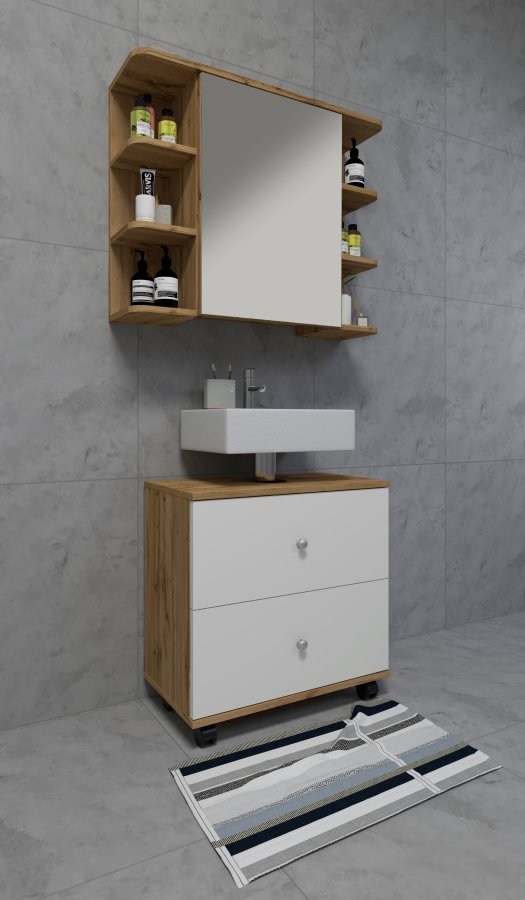 VCM NORDIC Nilosi baderomsspeilskap, m. 1 dr og 7 hyller - speilglass og naturlig tre