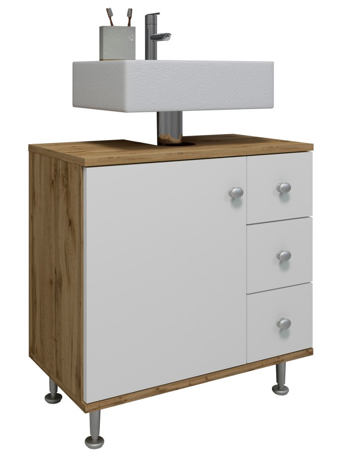 VCM NORDIC Nilosi M Badezimmer-Unterschrank, mit 1 Tür und 3 Schubladen – Melamin weiß und natur