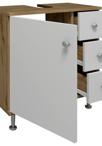 VCM NORDIC Nilosi M Badezimmer-Unterschrank, mit 1 Tür und 3 Schubladen – Melamin weiß und natur