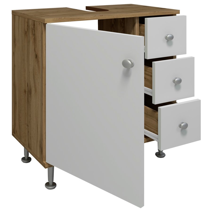 VCM NORDIC Nilosi M Badezimmer-Unterschrank, mit 1 Tür und 3 Schubladen – Melamin weiß und natur