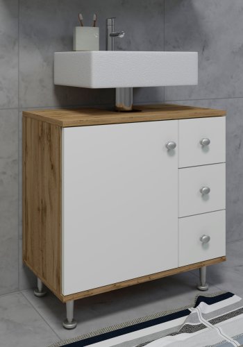 VCM NORDIC Nilosi M Badezimmer-Unterschrank, mit 1 Tür und 3 Schubladen – Melamin weiß und natur