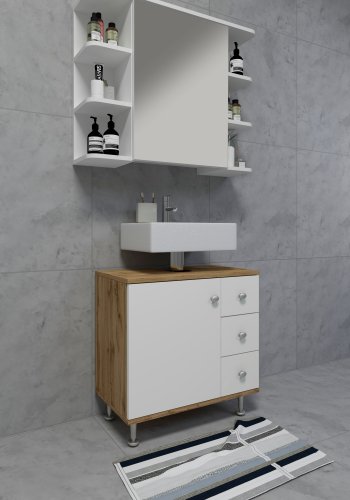 VCM NORDIC Nilosi M Badezimmer-Unterschrank, mit 1 Tür und 3 Schubladen – Melamin weiß und natur