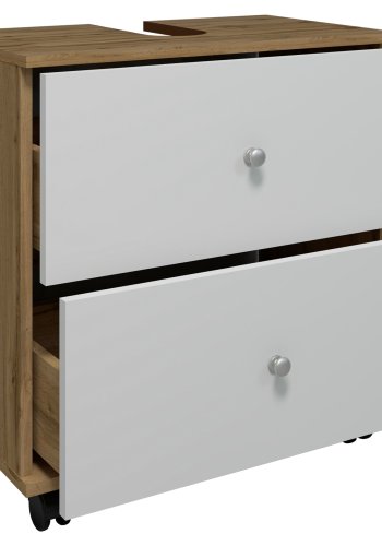 VCM NORDIC Nilosi L Badezimmer-Unterschrank, m. 2 Schubladen und 4 Rollen - Weiß und Naturmelamin