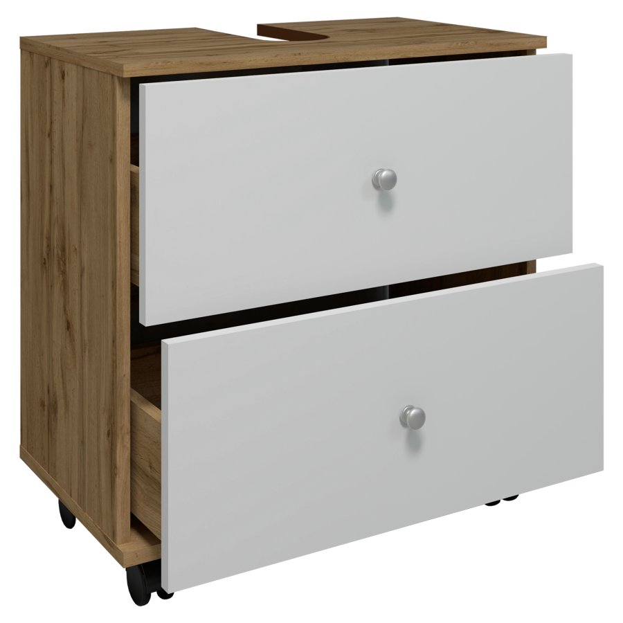 VCM NORDIC Nilosi L Badezimmer-Unterschrank, m. 2 Schubladen und 4 Rollen - Weiß und Naturmelamin